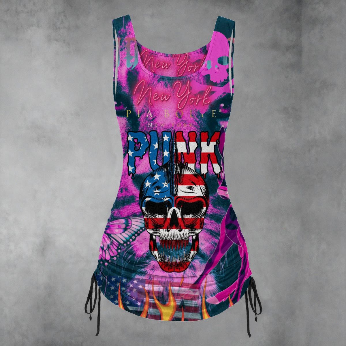 Streetstyle Tank-Top von PIA BOLTE® – Rise of Pink mit Stars-and-Stripes Skull & Butterfly Prints