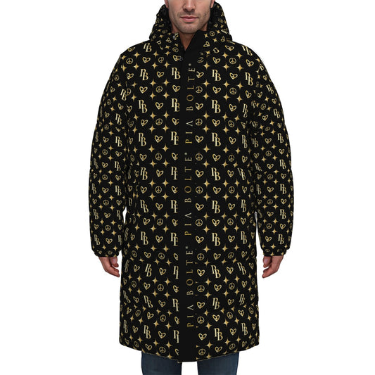 PIA BOLTE® Mantel Black Angel Hologram – langer schwarzer Mantel mit goldenem Pegasus-Motiv