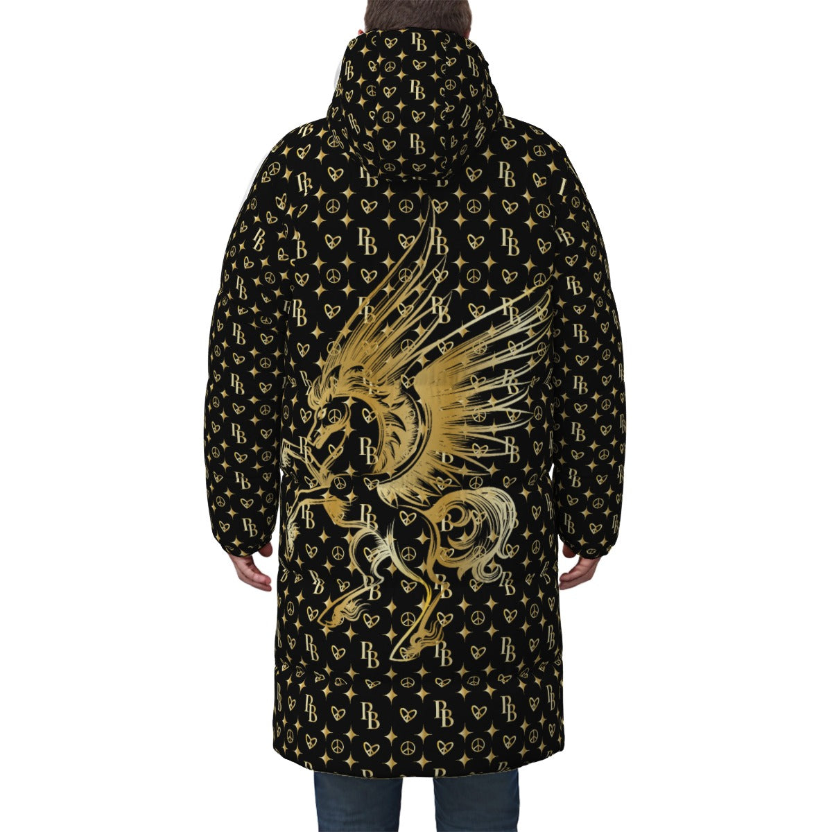 PIA BOLTE® Herrenmantel – Black Angel Hologram in Schwarz-Gold mit auffälligem Pegasus-Print hinten