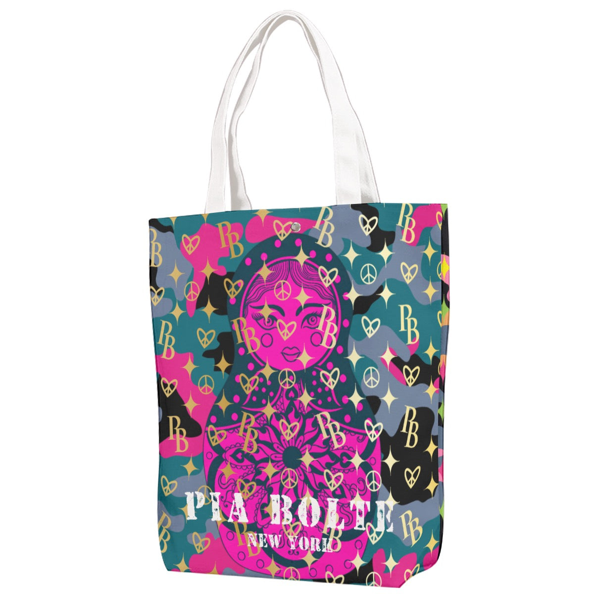 PIA BOLTE® Einkaufstasche Indian Skull x Matroschka Style mit pink-blauem Skull-Print auf Canvas