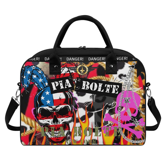 PIA BOLTE® Handtasche Crazy Shit mit Totenkopf-, Flammen- und Flaggen-Design, schwarzem Griff und Schultergurt