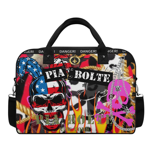 PIA BOLTE® Handtasche Crazy Shit mit Totenkopf-, Flammen- und Flaggen-Design, schwarzem Griff und Schultergurt