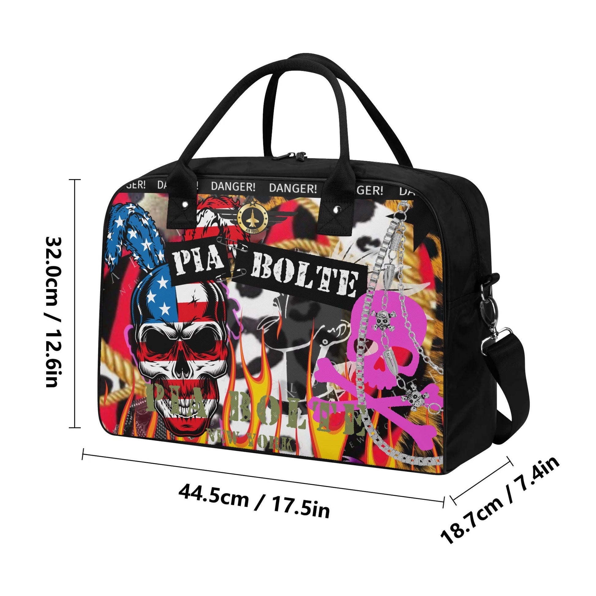 PIA BOLTE® Handtasche Crazy Shit mit Totenkopf-, Flammen- und Flaggen-Design, schwarzem Griff und Schultergurt