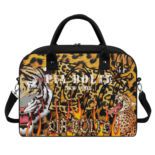 PIA BOLTE® Handtasche Wild mit Tiger- und Leoparden-Print, Flammen-Design und schwarzen Griffen