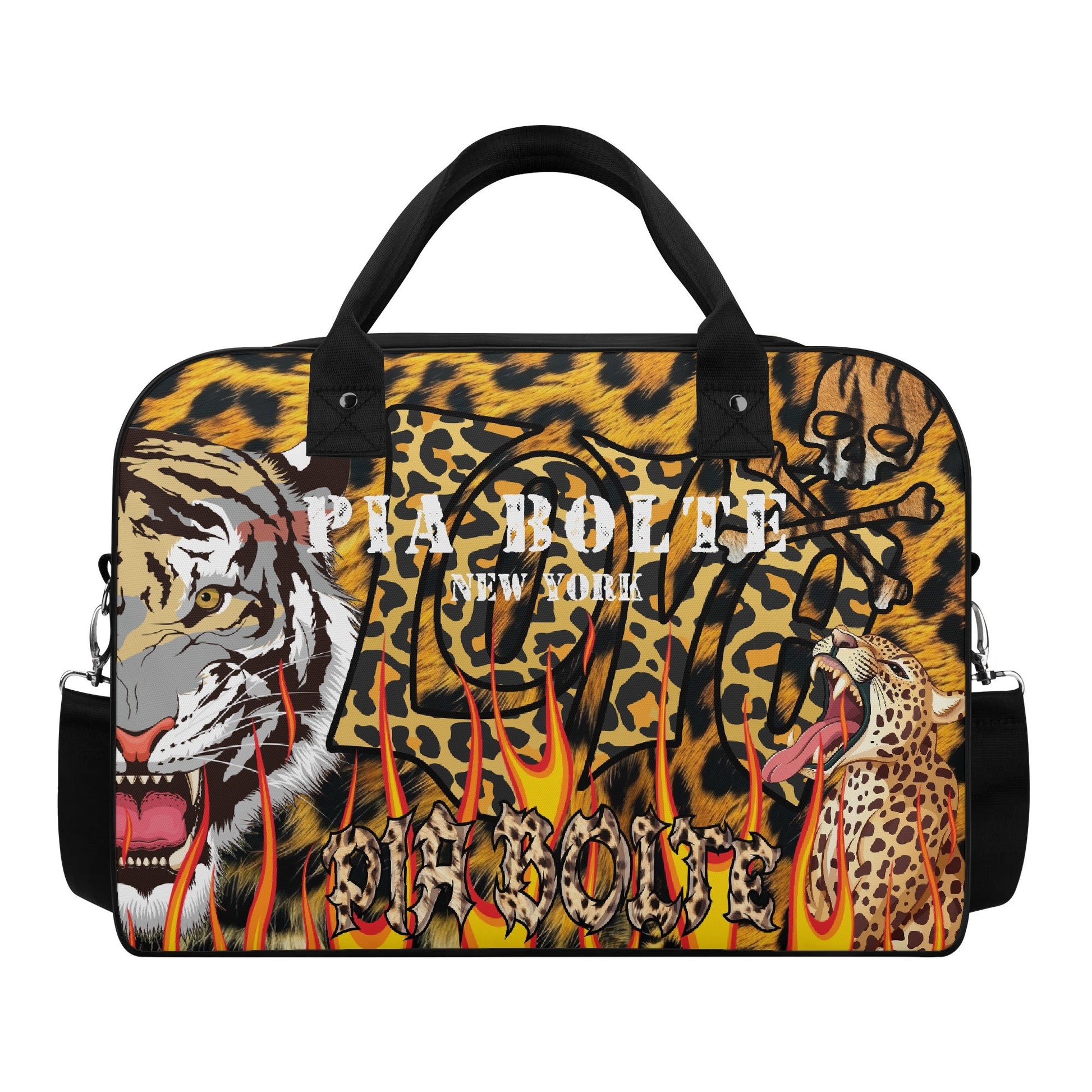PIA BOLTE® Handtasche Wild mit Tiger- und Leoparden-Print, Flammen-Design und schwarzen Griffen
