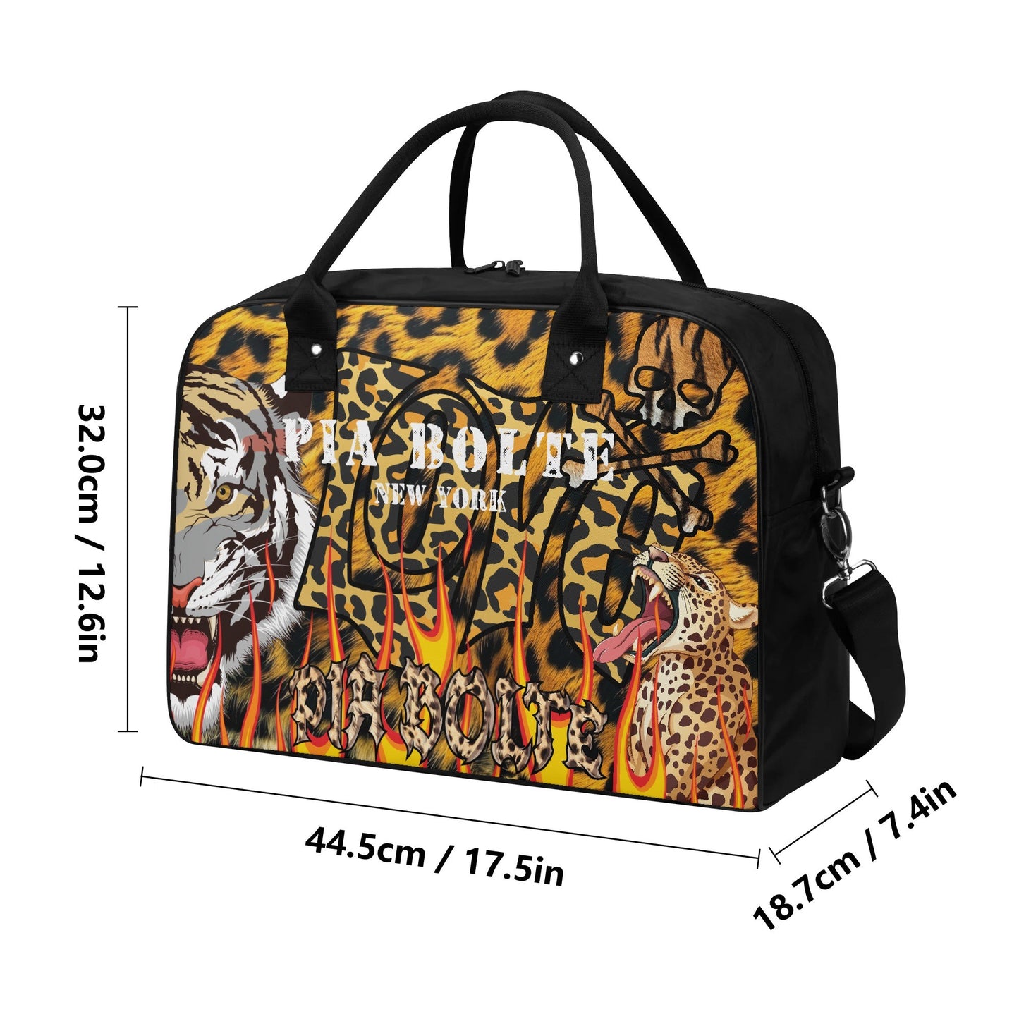PIA BOLTE® Handtasche Wild mit Tiger- und Leoparden-Print, Flammen-Design und schwarzen Griffen