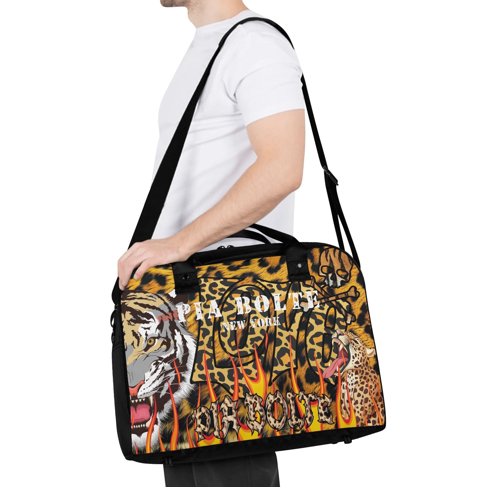 PIA BOLTE® Handtasche Wild mit Tiger- und Leoparden-Print, Flammen-Design und schwarzen Griffen