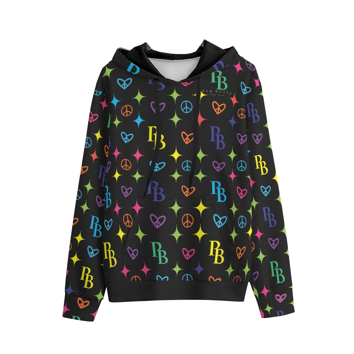PIA BOLTE® Hoodie Colourful Hologram mit buntem PB-, Herz- und Peace-Muster auf schwarzem Hintergrund