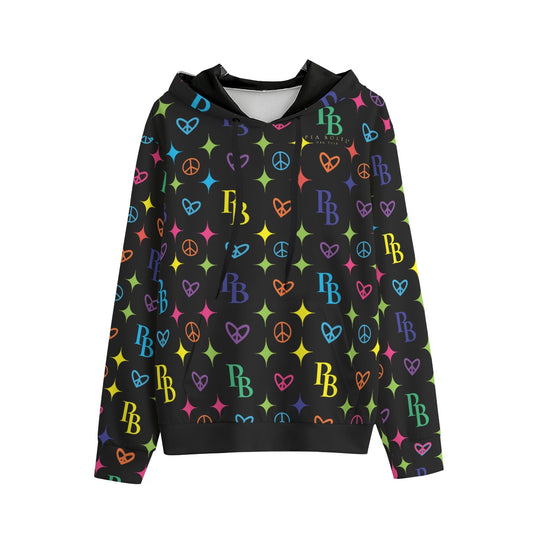 PIA BOLTE® Hoodie Colourful Hologram mit buntem PB-, Herz- und Peace-Muster auf schwarzem Hintergrund