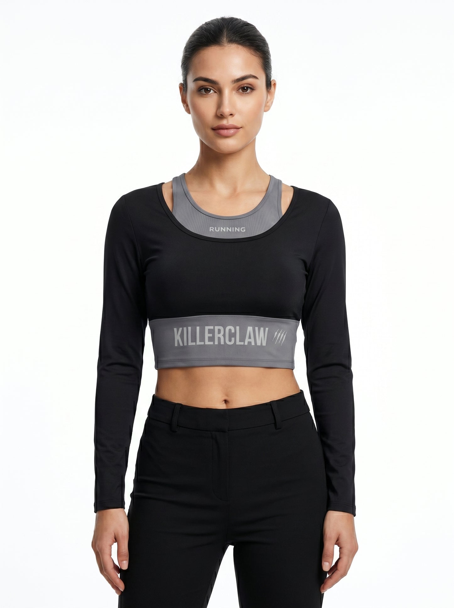 KILLERCLAW® Running Long Sleeve Crop – Black & Grey