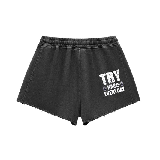 KILLERCLAW® TRY HARD EVERYDAY – Snow Washed Raw Edge Shorts - PIA BOLTE® COUTURE