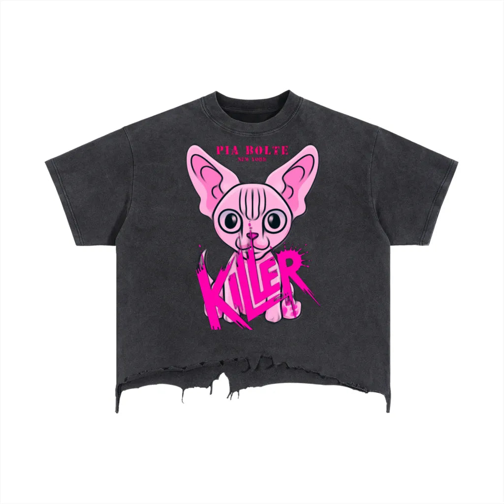 KILLERCLAW Cropped KILLER CAT – Vintage Wash Boxy T-Shirt - PIA BOLTE® COUTURE