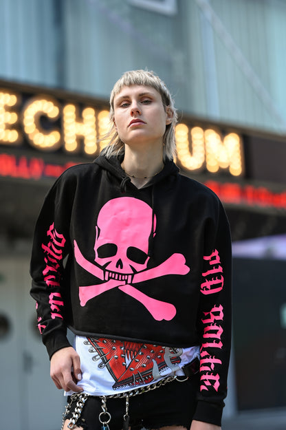 Crop Hoodie Skull neon pink black