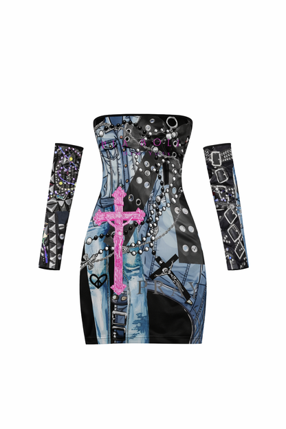 PIA BOLTE® DRESS „HOLY REBEL“ – OFF SHOULDER PINK CROSS - PIA BOLTE® COUTURE