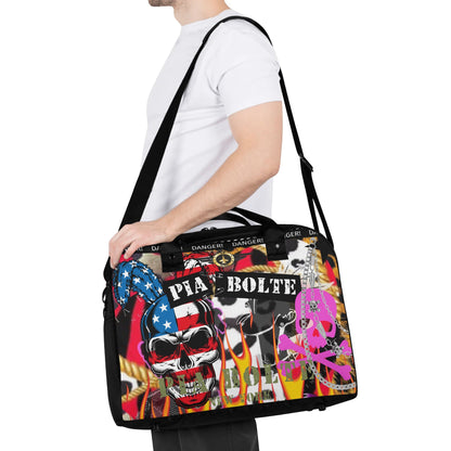 PIA BOLTE® Handtasche Crazy Shit mit Totenkopf-, Flammen- und Flaggen-Design, schwarzem Griff und Schultergurt