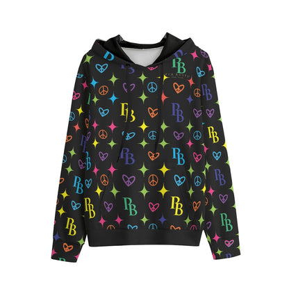 PIA BOLTE® Hoodie Colourful Hologram mit buntem PB-, Herz- und Peace-Muster auf schwarzem Hintergrund