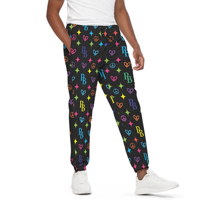 PIA BOLTE® Jogger Colourful Hologram mit buntem Peace-, Herz- und PB-Muster auf schwarzem Hintergrund