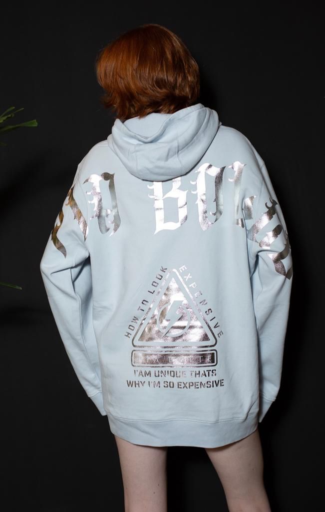Hoodie "how to look expensive" light blue silver