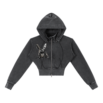 PIA BOLTE® PATCHWORK BUNNY VINTAGE CROPPED ZIP HOODIE