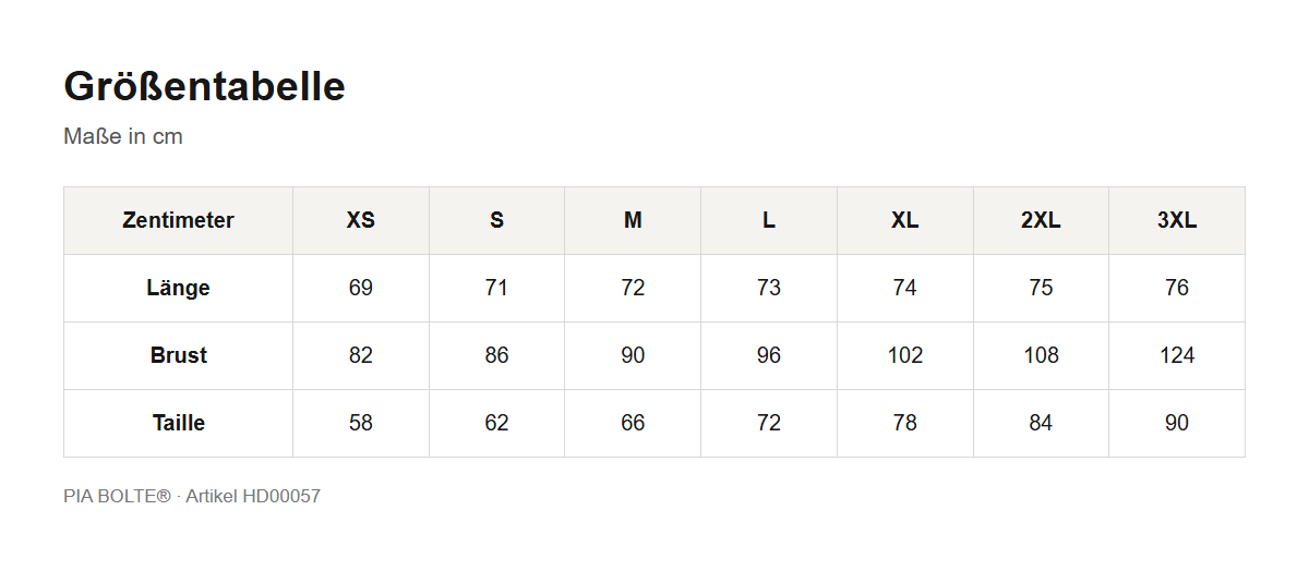 PIA BOLTE® Größentabelle HD00057