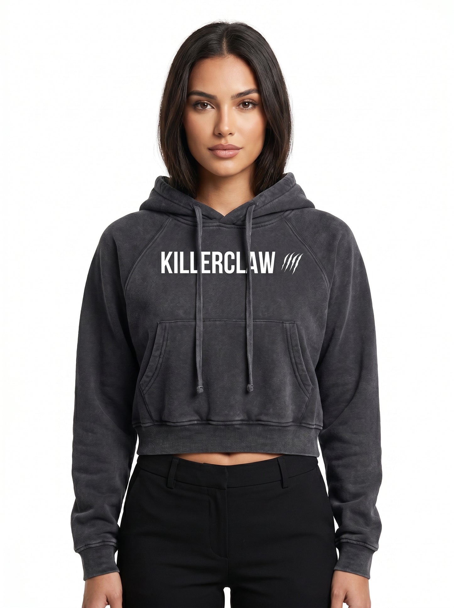 KILLERCLAW® Snow Washed Cropped Hoodie – NO FEAR. NO LIMITS.