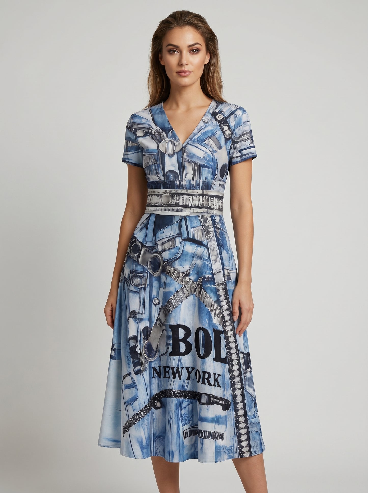 PIA BOLTE® Denim Look Flow Dress – Structured Midi Look