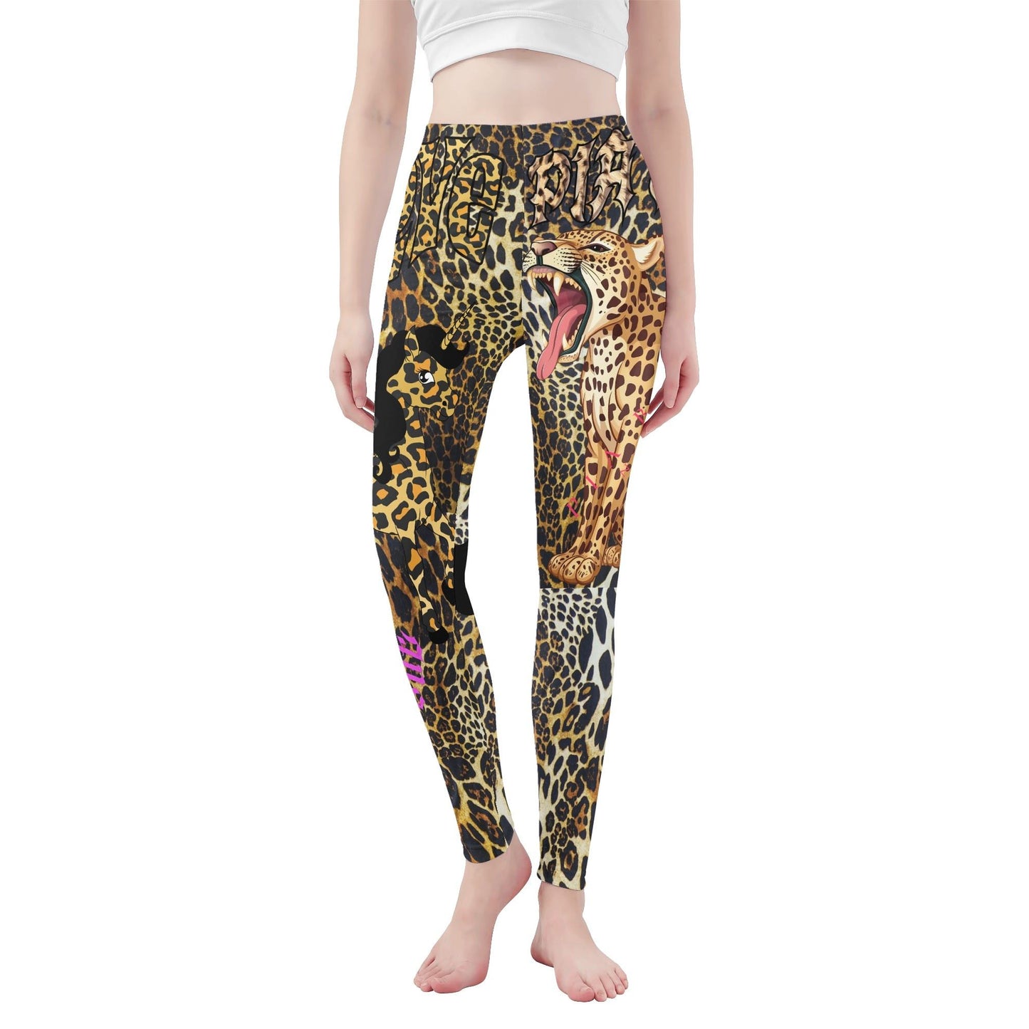 Frontansicht der PIA BOLTE® Yoga Leggings „Wild Jungle Queen“ mit auffälligem Leoparden-Print.