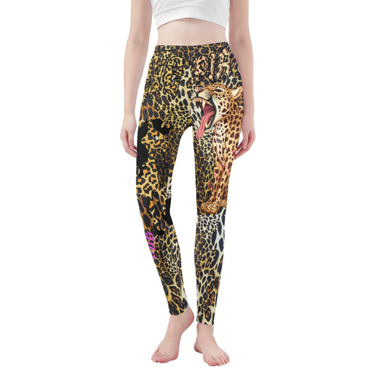Frontansicht der PIA BOLTE® Yoga Leggings „Wild Jungle Queen“ mit auffälligem Leoparden-Print.